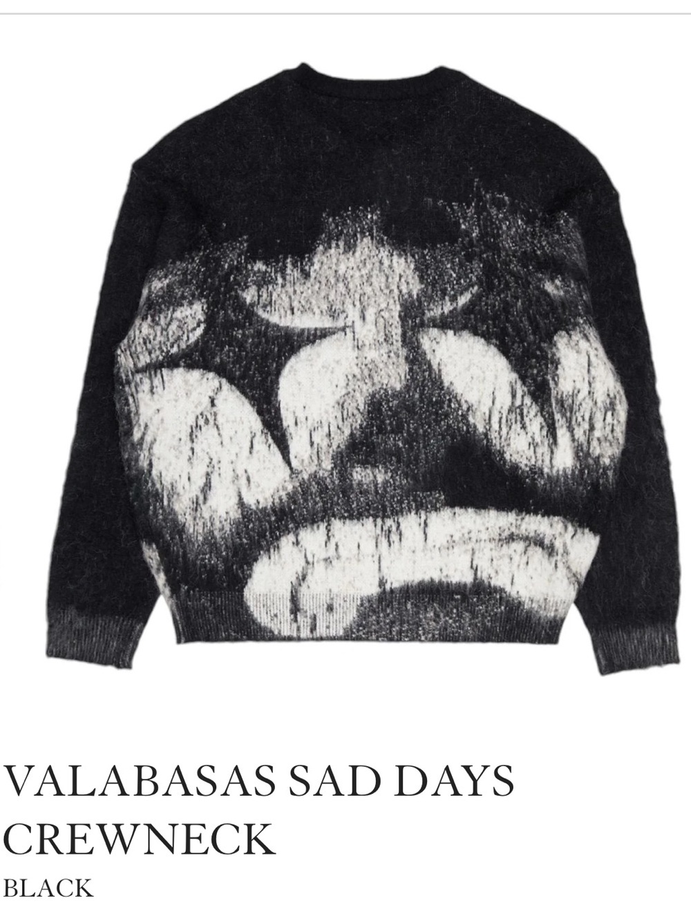 VALABASAS SAD DAYS CREWNECK Black & White Fuzzy  Sweater Mens M wool goth retro